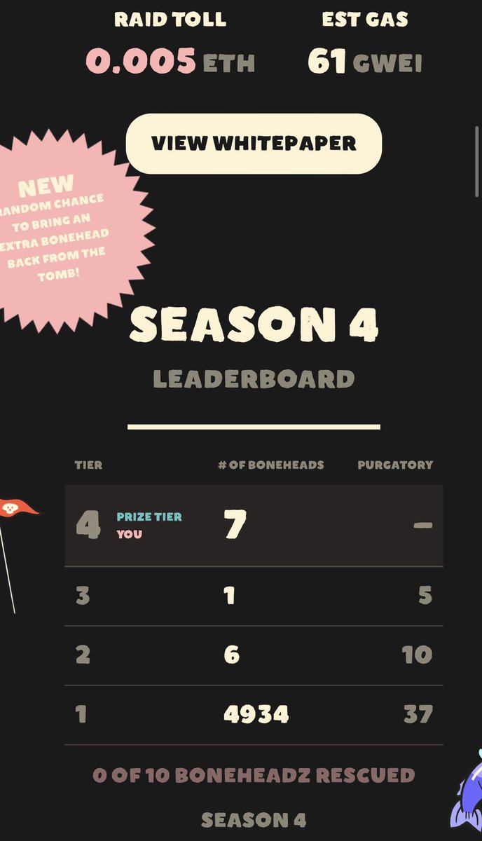 Season 4 just kicked off and BATCH RAIDING is now available!!! Winner winner chicken dinner folks!!! My lava lamp Bonehead is litty🔥⚡️let the prize pool stack up! <a href="/NFTBoneHeadz/">𝕭𝖔𝖓𝖊𝕳𝖊𝖆𝖉𝖟 | Free Mint</a>