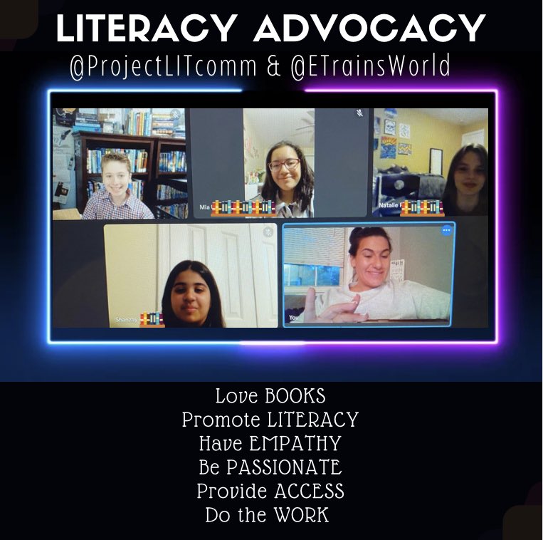 Some of our @ProjectLITComm members chatted books, ProjectLit, & being a #LiteracyAdvocate w/@ETrainsWorld tonight! Thank you for sharing your tips E! Looking forward to continuing to work w/you to end #bookbanning & spread #BookLove! These young people will change the world! ❤️