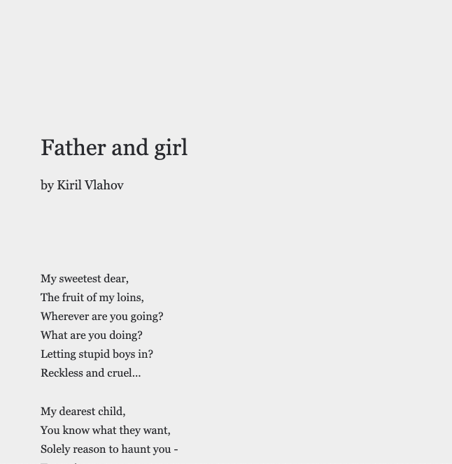 uncookd_'s tweet photo. by Kiril Vlahov

To Annie

https://t.co/Hq5S6Xa41L

Father and girl

https://t.co/GNDDUaCn3T

I'm in love

https://t.co/Db0NfWjun5

#WritingCommunity #poetry #poetrylovers #poet #poetryreading #love #writerscommunity #writersoftwitter #writerslife #Reading #readingcommunity https://t.co/fq86s44yXF