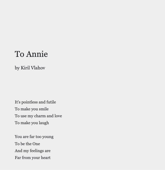 uncookd_'s tweet photo. by Kiril Vlahov

To Annie

https://t.co/Hq5S6Xa41L

Father and girl

https://t.co/GNDDUaCn3T

I'm in love

https://t.co/Db0NfWjun5

#WritingCommunity #poetry #poetrylovers #poet #poetryreading #love #writerscommunity #writersoftwitter #writerslife #Reading #readingcommunity https://t.co/fq86s44yXF