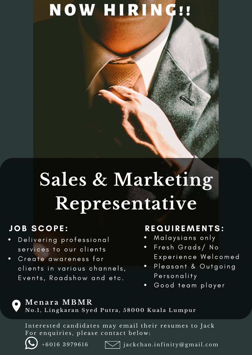 RyanCha41931241's tweet photo. Immediate hiring 📣✨

@twt_kerjaMY @kerjakosong123 @Oh_KerjaKosong @Jobkerjaya @twt_kerja @kerja_kosongMY @ejawatankosong @MusKerjaKosong 

#OhKerjaKosong #KerjaKosong #JawatanKosong #KerjaKosongTerkini #jobvacancy #peluangkerjaya #carikerja #jobstreet #kerjakosongkl #iklankerja https://t.co/RmHzGAULhZ