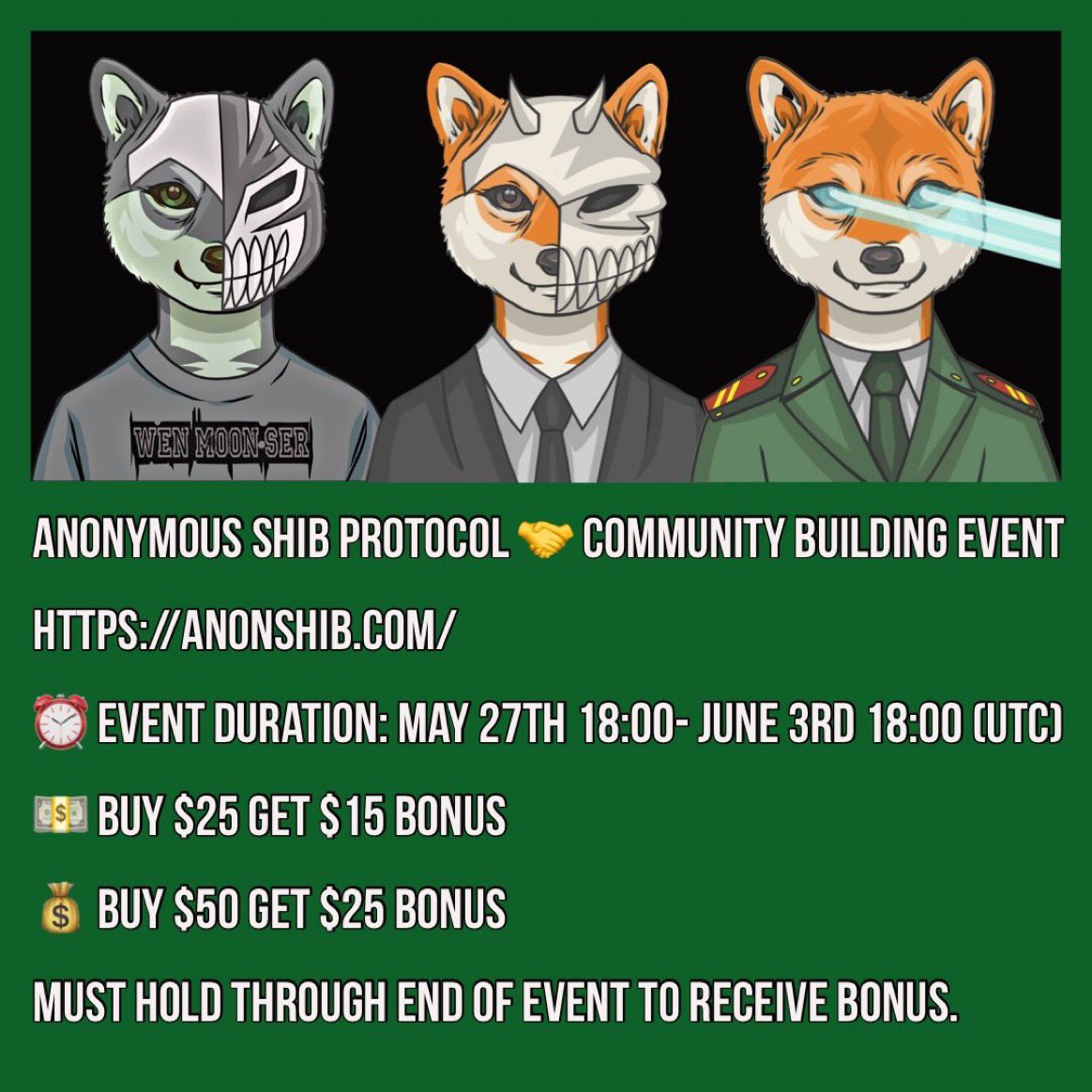 <a href="/shibburn/">Shibburn</a> Join our community with our community building event!!! Low MC 💎. Links here 👉 linktr.ee/ANONSHIB 🚀 🚀 <a href="/anonshib/">Anonymous Shib Protocol</a> #shib #NFTMarketplace #NFTCommunity #BSCGems #BSC #ToTheMoon  #anonshib #BSCGemsAlert #altcoin #altcoins