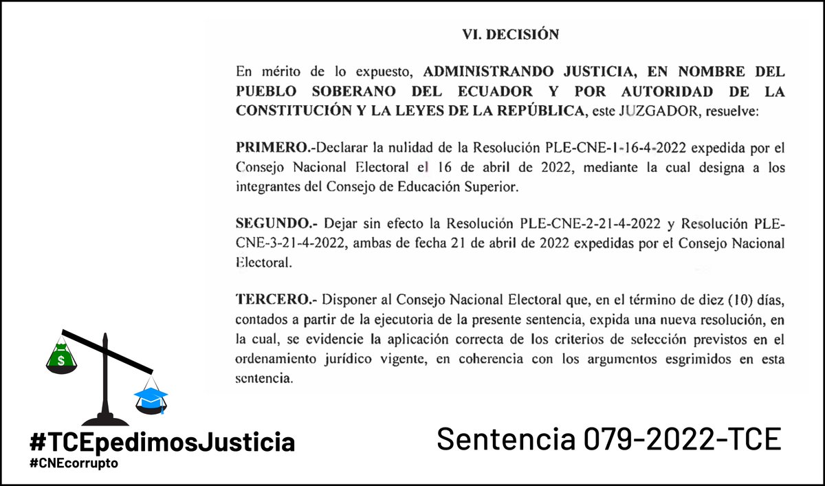 La sentencia 079-2022-TCE del Juez Ángel Torres del <a href="/TCE_Ecuador/">TCE Ecuador</a> declara la nulidad de la resolución: PLE-CNE-1-16-4-2022 mediante la cual designó a los integrantes del <a href="/ces_ec/">CES</a>. ¡Se tiene que recalificar de manera justa!
#TCEpedimosJusticia #CESilegal