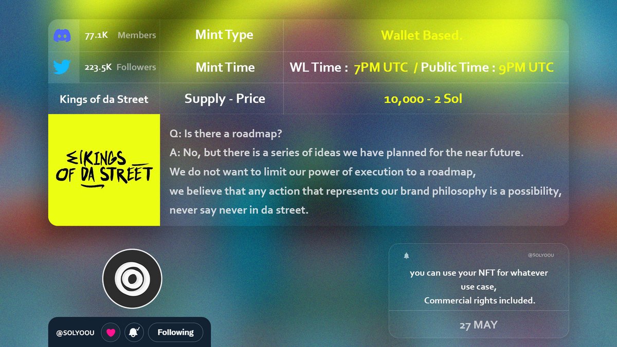 SOLYOOU's tweet photo. #SOLYOU $SOL REMINDER ⏰
Mint 27 MAY 🗓️
@kingsofdastreet
Launch on
@MagicEden
#solananft #SolanaNFT #NFT #NFTCommunity #nftart #NFTdrop #SOL #Solana #nftcollectors #NFTProjects $sol #nftarti̇sts #nftart https://t.co/vdUM2d4fCs