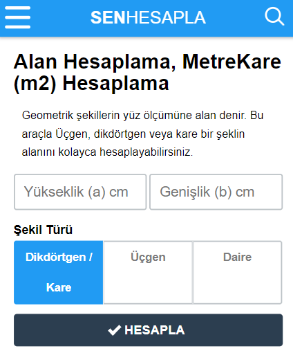 Geometrik şekillerin yüz ölçümüne alan denir. Bu araçla Üçgen, dikdörtgen veya kare bir şeklin alanını kolayca hesaplayabilirsiniz. #hesaplama #alanhesaplama #metrekarehesaplama
senhesapla.com/alan-hesaplama