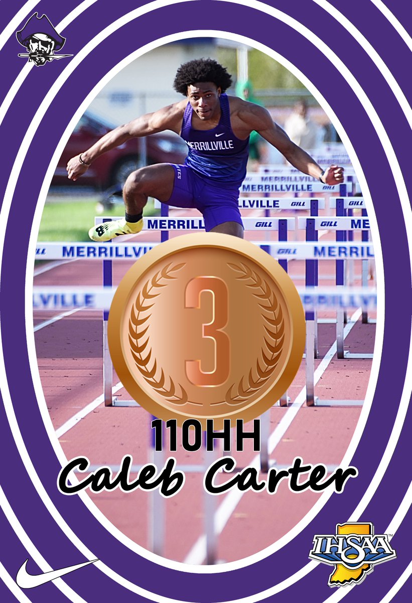 Sr. Caleb Carter has punched his 2nd ticket of the night for next weekend's @IHSAA1 State Finals by placing 3rd in the 110M High Hurdles at tonight's Valparaiso Regional!! #piratepride @MerrillvilleSu3 @MerrillvilleMHS @Merrillville_TF