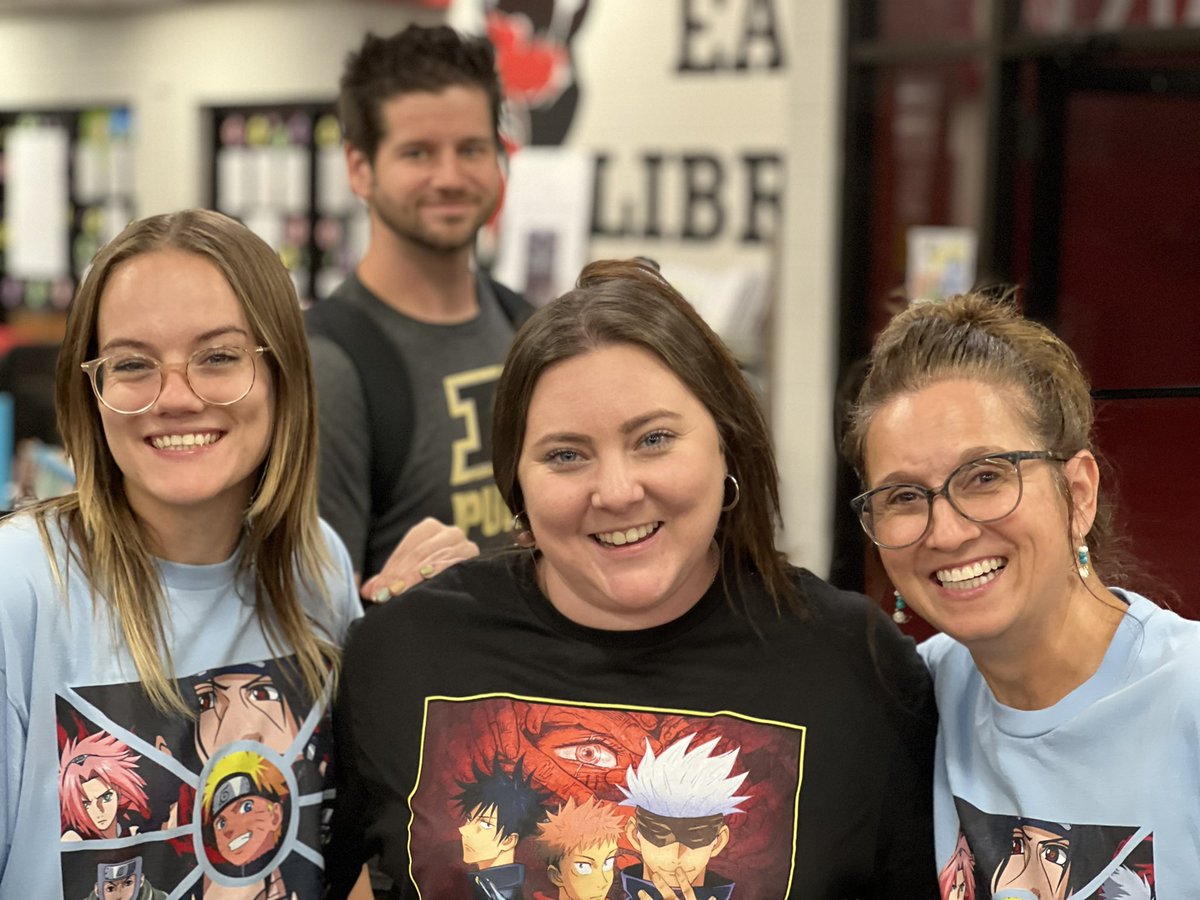 leiaposkey's tweet photo. I forgot to post this pic yesterday of @msharmonmath @d_montgomery94 and @ScientistShelvy twinning and winning in their anime shirts @coppelleast. Peep Coach Presley photobombing in the background. #EastUnity https://t.co/mnOCeFP4mu