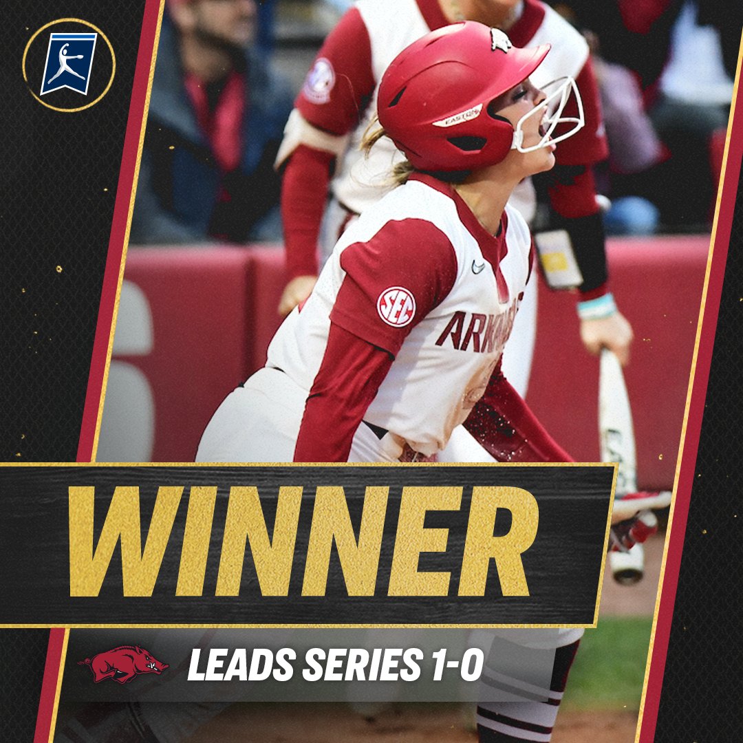 NCAASoftball's tweet photo. Hogs on top 🐗

(4) @RazorbackSB defeats Texas, 7-1, in the opening game of the Fayetteville Super Regional to record the program's first-ever win in the Super Regionals round in three trips!

#RoadToWCWS https://t.co/3ZxIfF6vbe