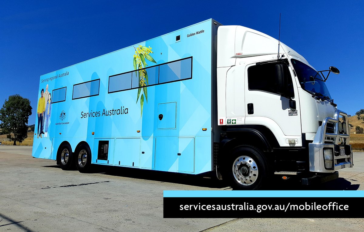Next week <a href="/ServicesGovAU/">Services Australia</a>'s mobile office the 'Golden Wattle' will visit Loch (30 May), Korumburra (31 May) &amp; Cowes (1-2 June) for easy access to Centrelink, Medicare &amp; Department of Veterans Affairs services. For more info, including times, visit servicesaustralia.gov.au/mobileoffice