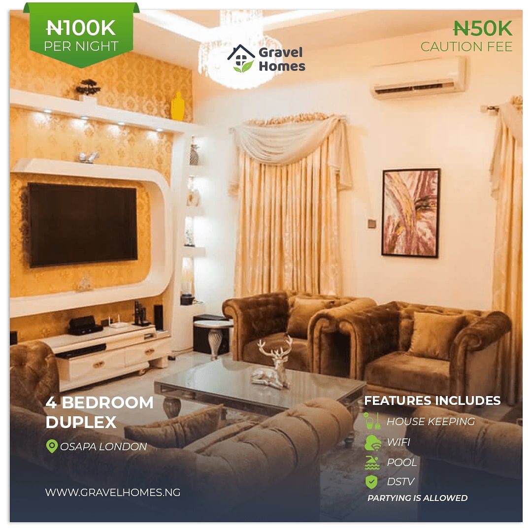 gravel_homes's tweet image. 4 Bedroom Duplex located at Osapa London, Lekki is ready for booking.

Refundable Caution Fee of N50,000 after departure.

WiFi, DSTV is available and partying is allowed.

Let’s host you.
#gravelhomesng  #shortletsinnigeria #shortlets #shorttermrental #airbnb #homerental