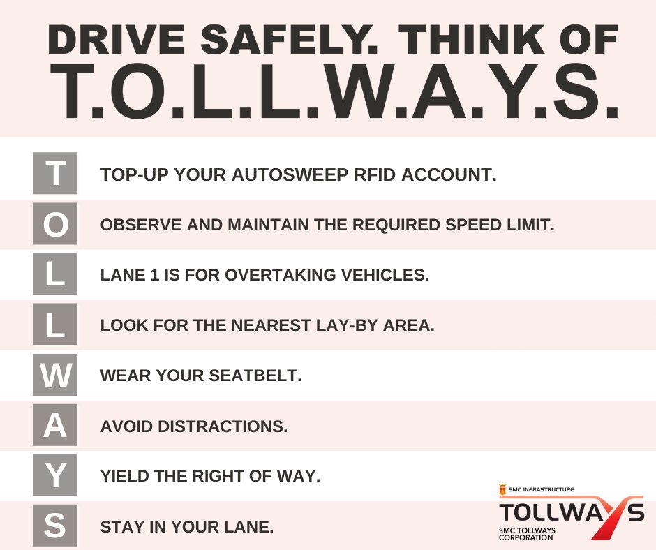OfficialSLEX's tweet photo. We care about your safety. Always think of T.O.L.L.W.A.Y.S. when driving. #SMCTollways #SLEX https://t.co/tVJb0E3Yxr