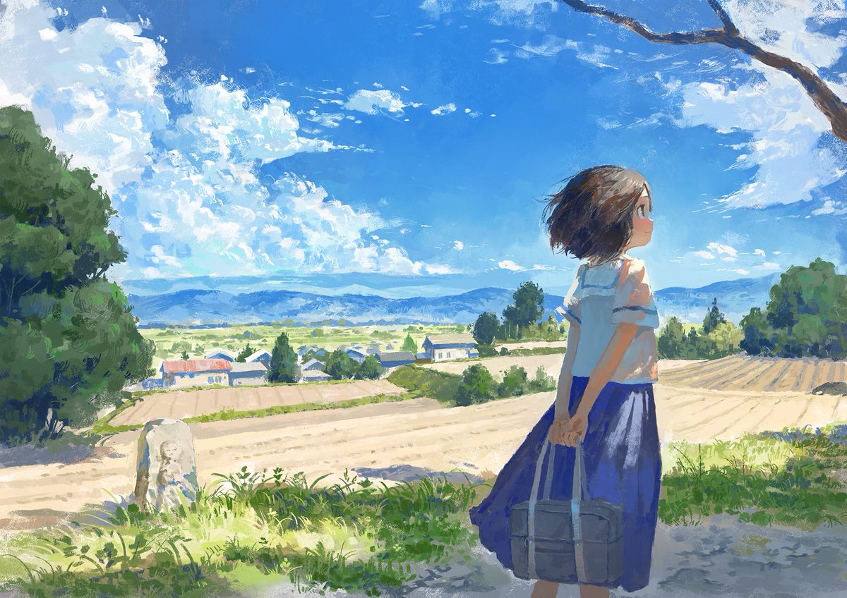 1girl outdoors sky skirt tree solo cloud  illustration images