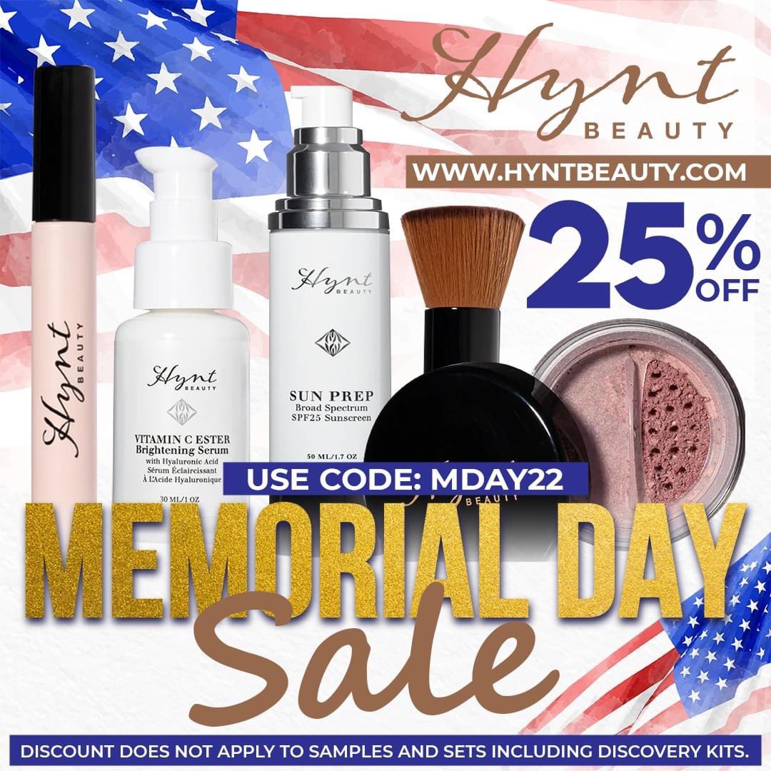 Our Memorial Day Sale starts NOW! SAVE 25% Off * Use Code: MDAY22
Visit hyntbeauty.com

*Discount does not apply to samples and sets or discovery kits.

#memorialday #hyntbeauty #makeup #sale