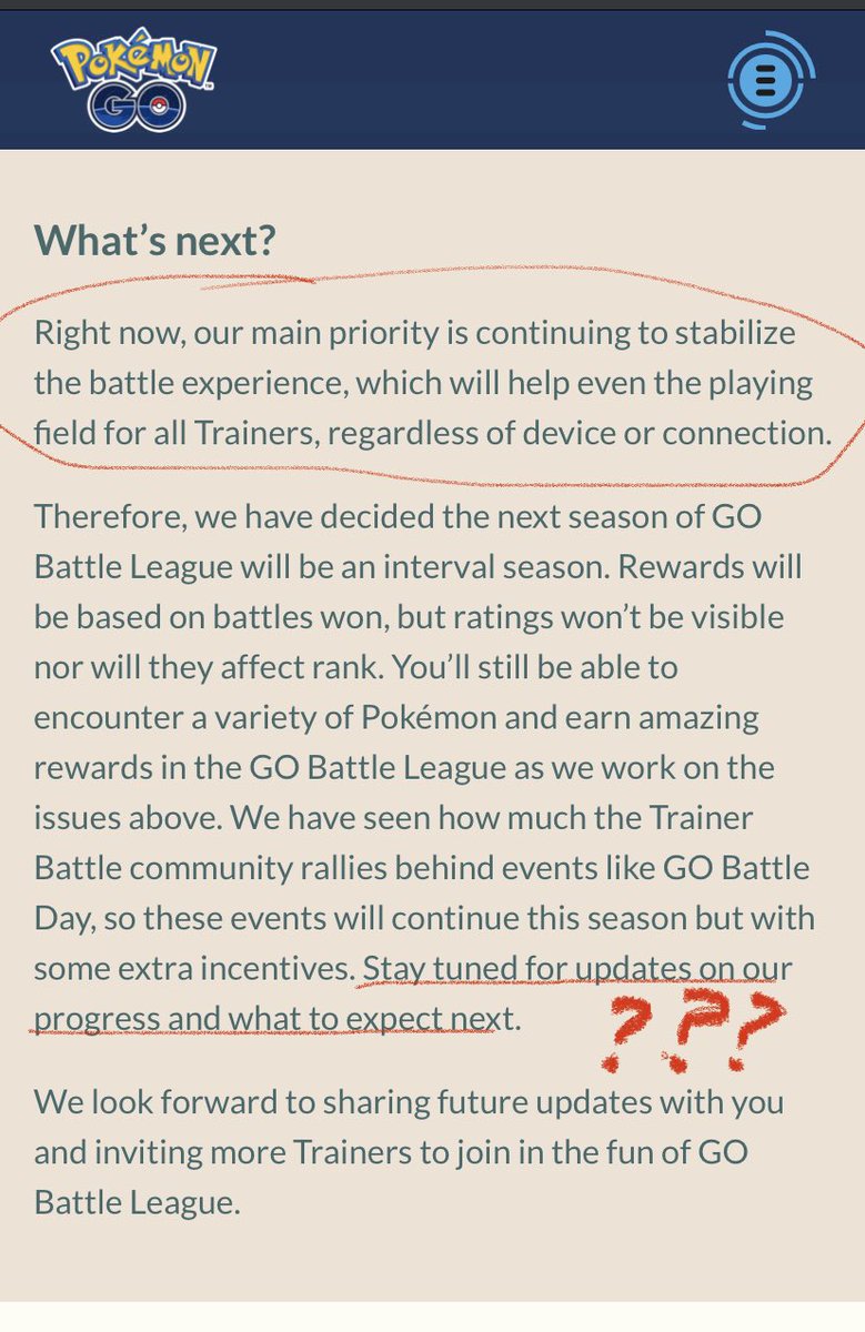 From Dev Diary in February, introducing interlude season. They said stay tuned for updates on progress about stabilizing battle experience…there were 0 updates the whole season &amp; not even mentioned in season 11 update. Cool!!! <a href="/NianticLabs/">Niantic</a> <a href="/NianticHelp/">Niantic Support</a> <a href="/PokemonGoApp/">Pokémon GO</a> #PokemonGO