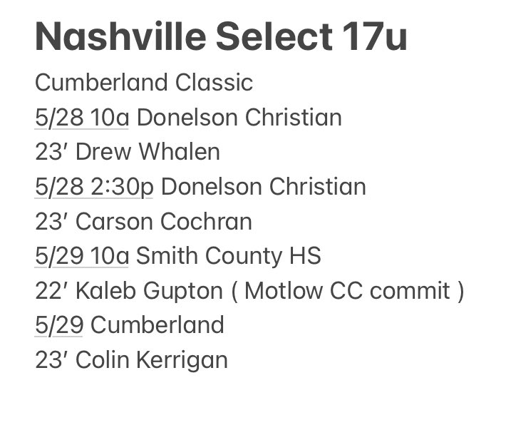nashvilleselec1's tweet photo. 17u gets rolling this weekend with a BIG summer ahead. Here’s a look at the SP for 5/28-29 @CarsonCochran4 @DrewWhalen12 @gupton_kaleb @ColinKerrigan6 https://t.co/gVO4BRNHHa