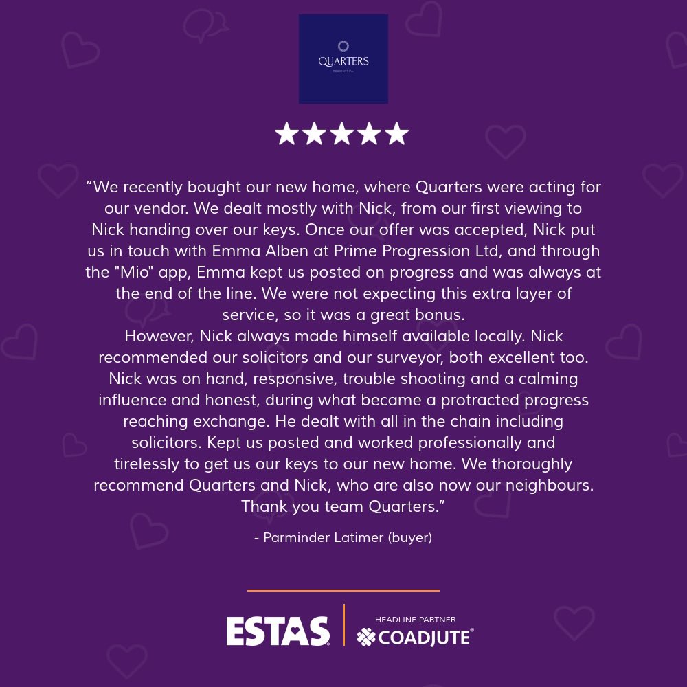 QuartersAgency's tweet photo. Morning all! It’s a lovely & sunny #feedbackfriday today and a HUGE thank you to the lovely Parminder for your very kind words. We hope you’re settling in (and I still owe you that G&T :). Happy Friday all - N. #Wokingham #Berkshire #QuartersCommunity @grahamlock_FIA @THE_ESTAS https://t.co/YQ2QpZEDzk