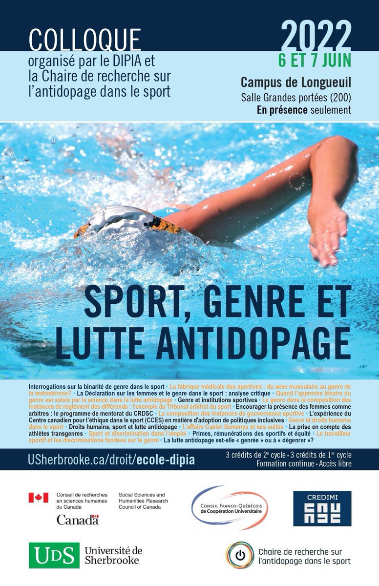 LaboCredimi's tweet image. [SAVE THE DATE] 📆
Le @credimi coorganise avec le @MaitriseDIPIA  et la @Antidopage_eg , le colloque " Sport, genre et lutte antidopage" qui se tiendra les 6 et 7 juin 2022 au campus de Longueuil de l'Université de Sherbrooke ! 
Modalités d’inscription 👉usherbrooke.ca/droit/programm…