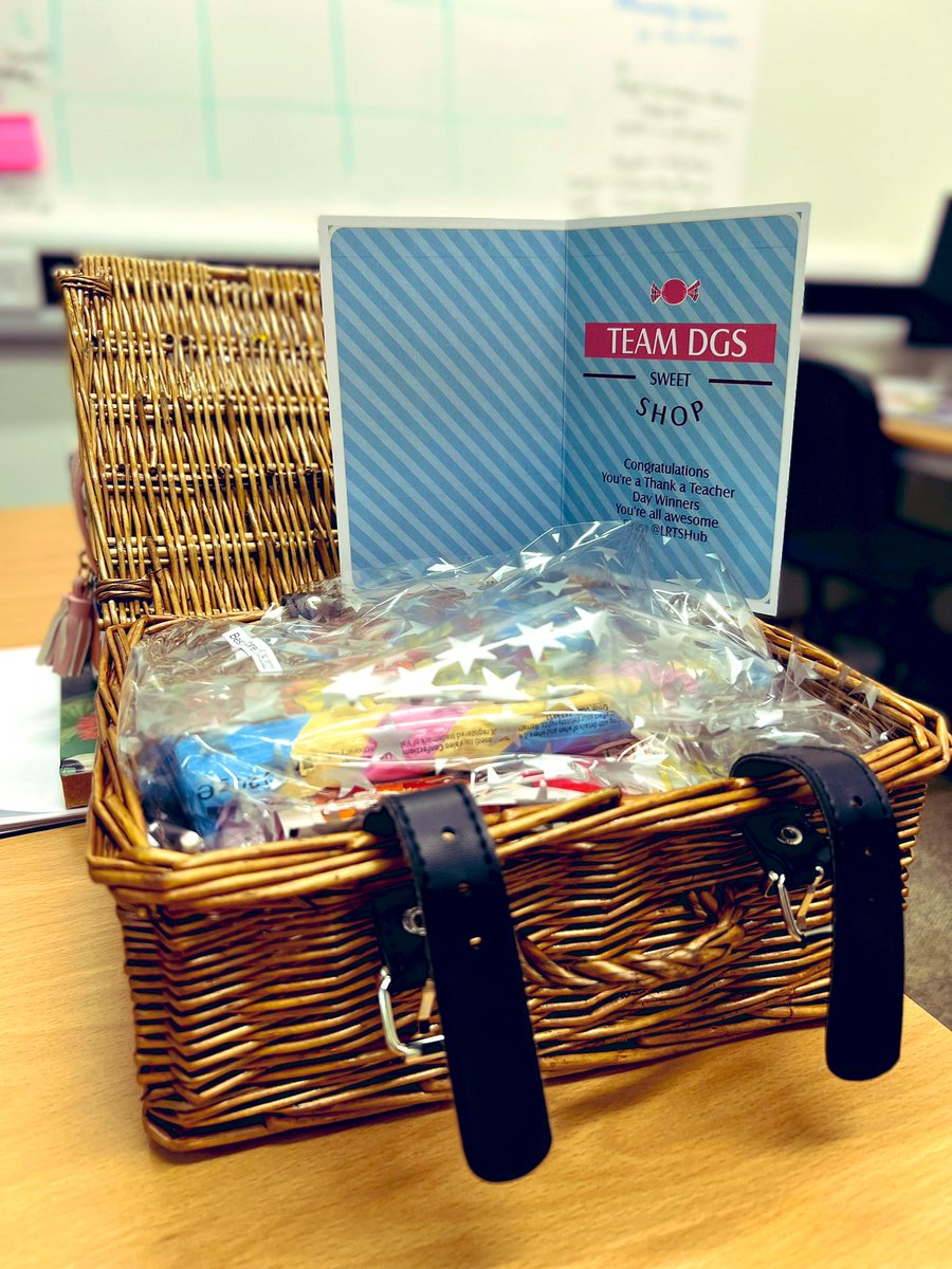 MarkWilsonSEN's tweet photo. When you arrive at work to a hamper of sweets for #ThankATeacherDay! So proud of all the fantastic achievements so far this year #TeamDGS, #ECTs, #Mentors & โFellowโ partner in crime @DHolderSEN! Thank you @LRTSHub ๐คฉ https://t.co/vDO0olGD9G
