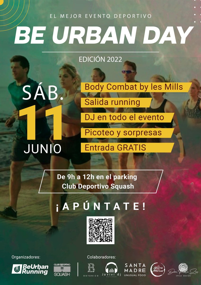 BE URBAN DAY!! 🔥🔥

Elige entre una salida de running de 5K con la campeona de España de maratón <a href="/jessi90mas/">•°¯`•• 🏃🏽‍♀️ 𝒴𝑒𝓈𝒾𝒸𝒶 🏃🏽‍♀️ ••`¯°•</a> o una clase de Body Combat by Les Mils.

La música no dejará de sonar y tras las actividades habrá un picoteo.

¡¡Apúntate ya!! 👉🏼 bit.ly/3814Jyq

Más detalles👇🏼