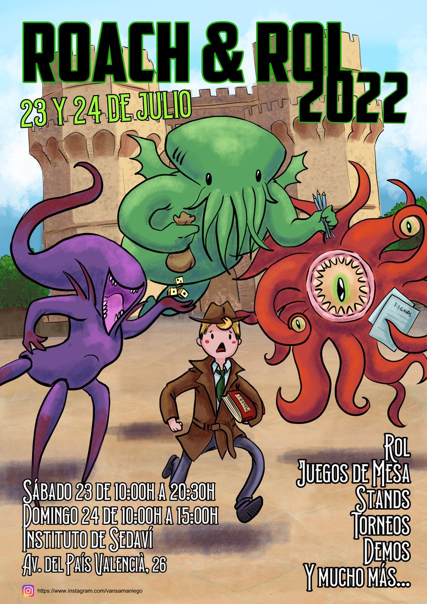 Habemus cartel oficial de las jornadas!

La gran ilustradora <a href="/Masterina3/">Masterina</a> ha perdido mucha cordura haciendo este cartel... pero a cambio le ha quedado ciclópeo!
Inscribid ya vuestras partidas y actividades en roachandrol.com que tenemos plazas limitadas!

#RoachandRol