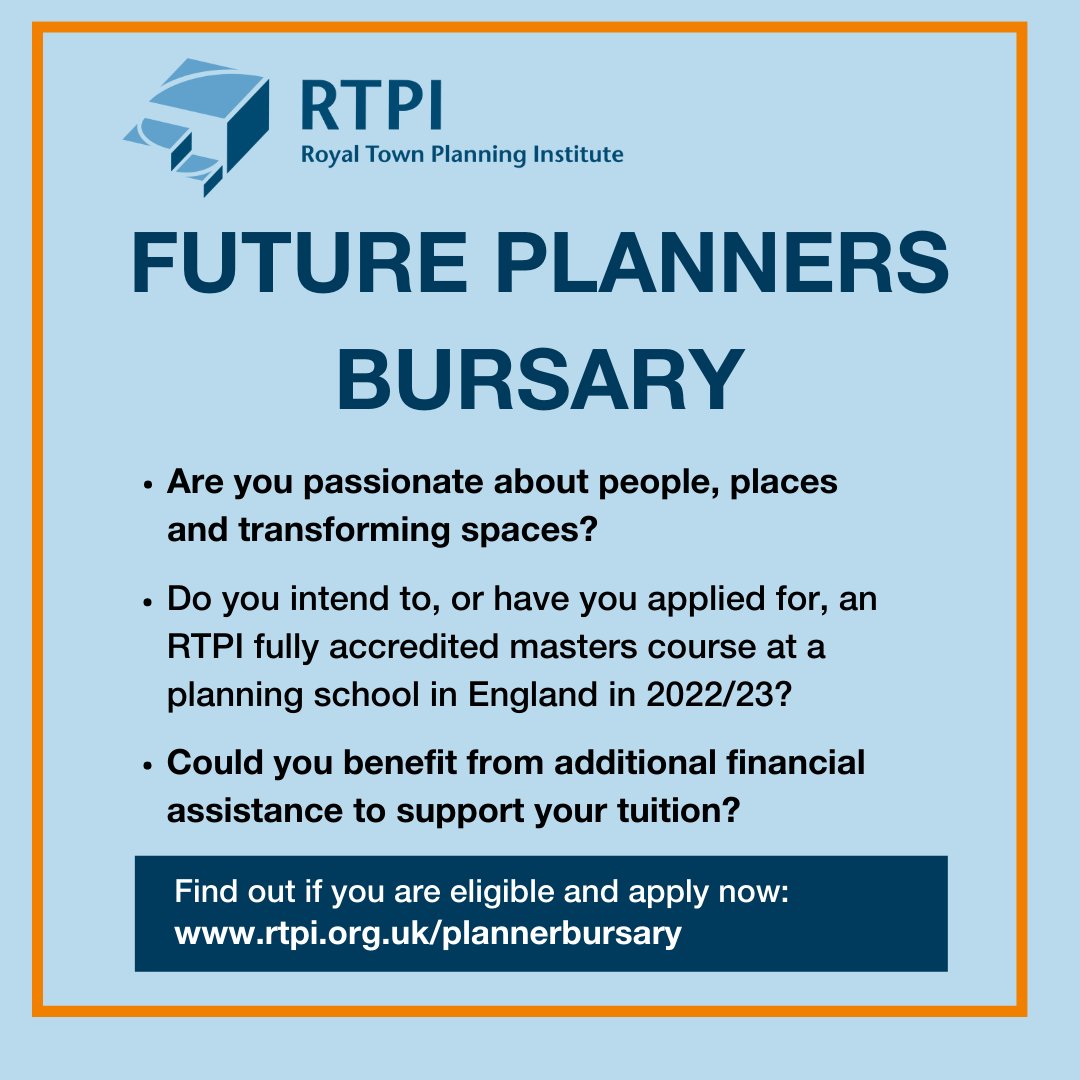 Royal Town Planning Institute (@rtpiplanners) on Twitter photo Do you want to become a town planner? Could you benefit from financial assistance to support your tuition?
If yes, you could be eligible for a Future Planners Bursary thanks to funding from @luhc <a href="/joannaaverley/">Joanna Averley</a>
Find out more:
rtpi.org.uk/plannerbursary
#bursary #planning Do you want to become a town planner? Could you benefit from financial assistance to support your tuition?
If yes, you could be eligible for a Future Planners Bursary thanks to funding from @luhc <a href="/joannaaverley/">Joanna Averley</a>
Find out more:
rtpi.org.uk/plannerbursary
#bursary #planning