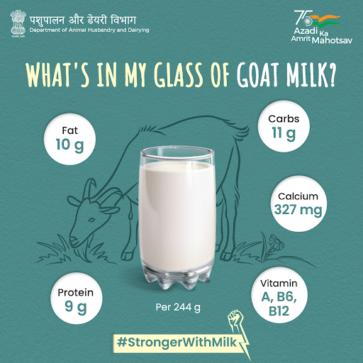 Dept_of_AHD's tweet photo. #StrongerWithMilk 🥛💪🏻
A delicious glass of #GoatMilk helps:
✅ Prevent anaemia
✅ Promote digestion
✅ Strengthen immunity
Have you tried it yet? 😋
#AmritMahotsav #WorldMilkDay #Nutrition #Milk #Dairy #DairyIndia #SehatKaSaathi https://t.co/9uHCyn3XUK