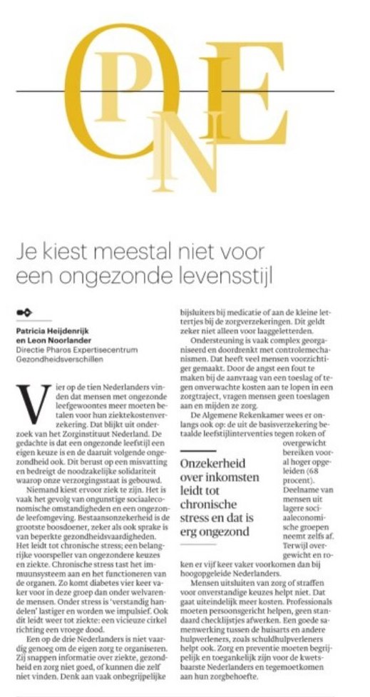 'De mythe dat een gezonde leefstijl vooral een persoonlijke keuze is bedreigt de houdbaarheid van ons zorgstelsel'. Dat betogen collega <a href="/patriciaselma/">Patricia Heijdenrijk</a> en ik vandaag in <a href="/trouw/">Trouw</a>. Zorg en preventie moeten juist toegankelijk en begrijpelijk zijn voor de meest kwetsbaren onder ons.