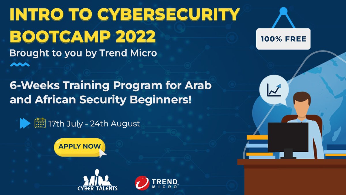 Are you ready to get started in your cybersecurity career? We are glad to announce the launch of Introduction to Cybersecurity Bootcamp, an outstanding initiative organized by CyberTalents &amp; brought by Trend Micro for students and fresh graduates in Arab &amp; African countries. 1/n