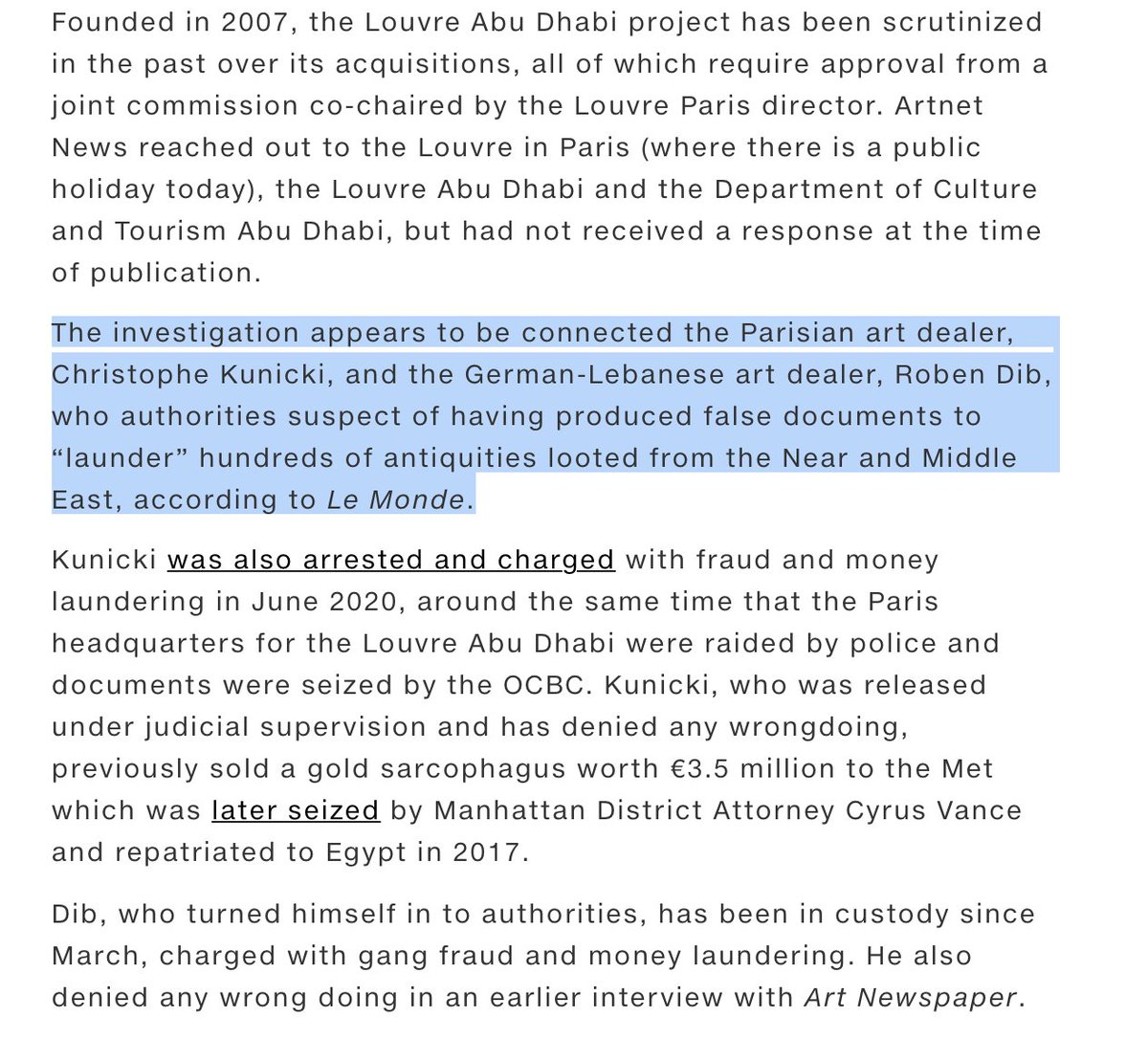 OpenLinkArtData's tweet image. "The investigation appears to be connected the Parisian art dealer, Christophe Kunicki, and the German-Lebanese art dealer, Roben Dib, who authorities suspect of having produced false documents to “launder” hundreds of antiquities looted from the Near and Middle East" Le Monde