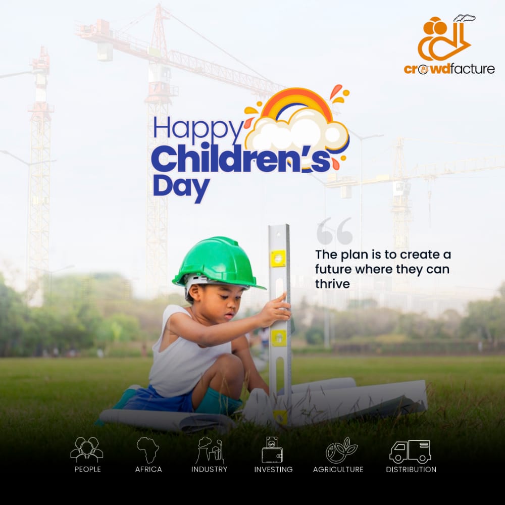 Crowdfacture's tweet photo. The plan is to create a more prosperous and industrialised future for our children. 

Secure their spot now by investing in Crowdfacture.

Happy Children's day from all of us at Crowdfacture. 

#crowdfacture #childrenday #invest https://t.co/hBTUkqy8i3