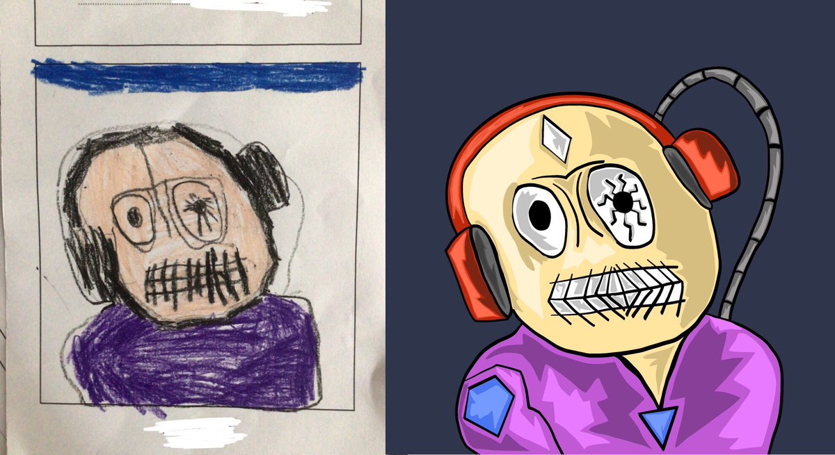 เมื่อสอนศิลปะ ให้วาดตัวละครที่คิดขึ้นมาเอง คนอื่นก็วาดๆปกติ 
แต่มาสะดุดตาไอ้ตัวนี้ มันดูมีคาแรคเตอร์ เลยขอนำมาวาดในลายเส้นเราหน่อย
#ศิลปะ ป.1  ยากกว่าการวาดให้สวยคือการวาดให้น่าจดจำ 
#NFTTHAILAND #NFTCommumity