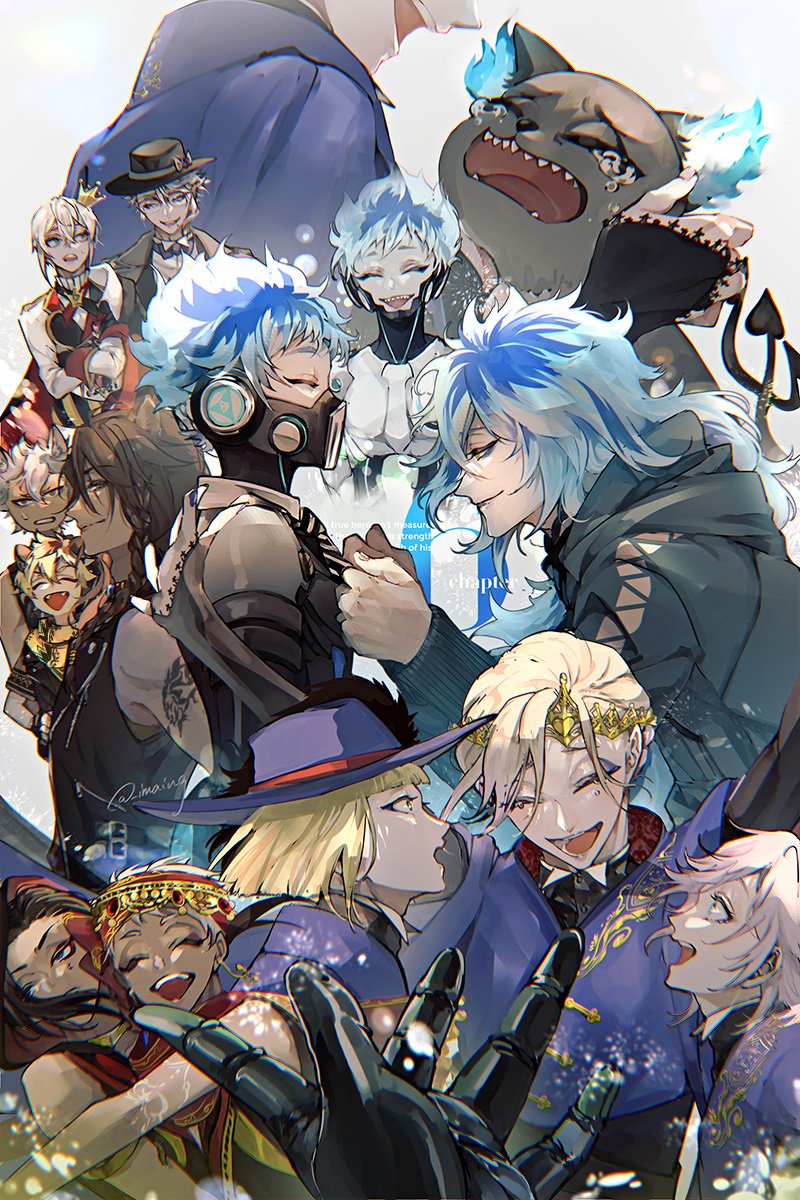 multiple boys 6+boys blue hair blonde hair hat dark skin smile  illustration images