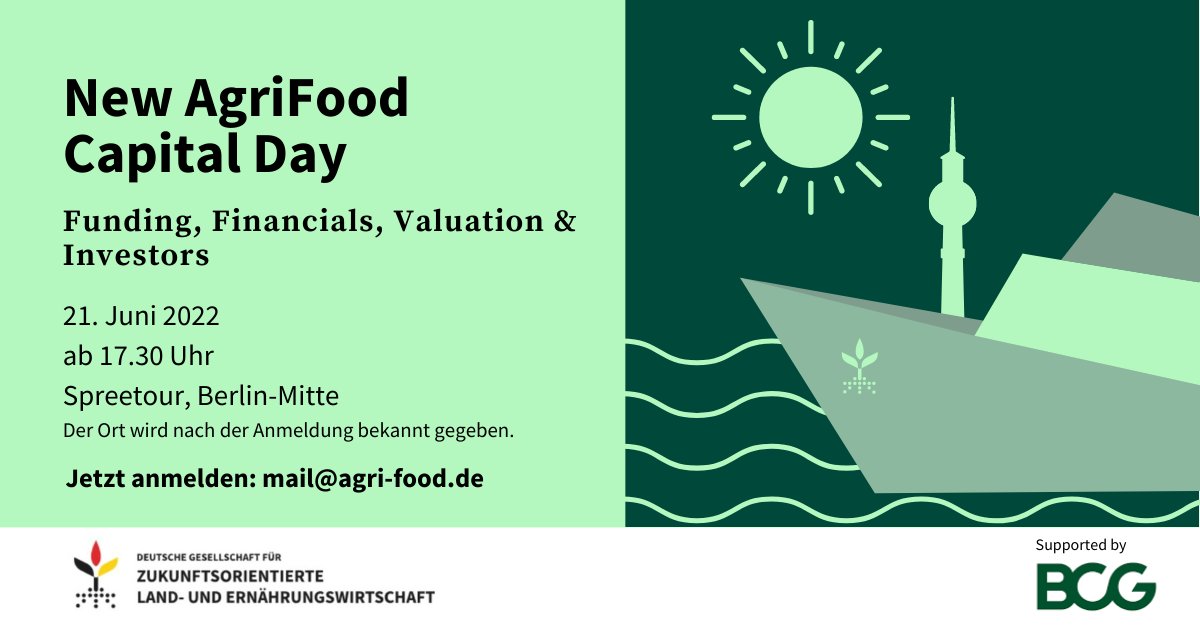 ⛵️💰🚀 Jetzt noch schnell anmelden zum New AgriFood Capital Day am 21. Juni in Berlin. Wir bringen StartUps und Investor:innen zusammen. 

Anmeldung für StartUps:
agri-food.de/new-agrifood-c…

Buchung Investorenticket:
dgzle.hubspotpagebuilder.com/investor-ticke…