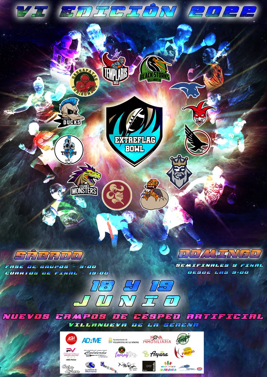 Vva_BlackStorks's tweet photo. 🖼️ Cartel de presentación de la 🏟️ VI #Extreflag Bowl 2022.

1⃣2⃣ equipos, 5 comunidades representadas y mucho #FlagFootball🏈 mixto 👫.

📅 Os esperamos el próximo fin de semana del 17, 18 y 19 de junio, 📌 en los campos de césped artificial de Villanueva de la Serena. https://t.co/0W994O73HK