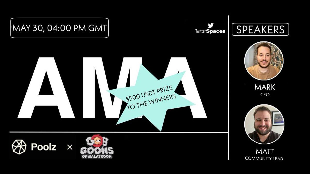 Poolz__'s tweet photo. We will conduct an AMA with @GoonsNft team on May 30 at 16:00 GMT at https://t.co/Vkp17VOCdf 💫

$500 will be distributed to the winners! 🔥

Rules: 
1. Like / RT / Tag 3 Friends
2. Follow @GoonsNft
3. Follow @Poolz__ https://t.co/TBjNJAipWb