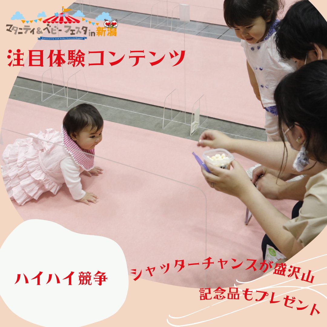 マタニティ ベビーフェスタ事務局 新潟会期 体験コンテンツ紹介 ハイハイ競争 猛スピードでハイハイする赤ちゃん お隣が気になる赤ちゃん マイペースな赤ちゃん どの選手も超かわいい ハイハイ競争 赤ちゃんイベント T Co