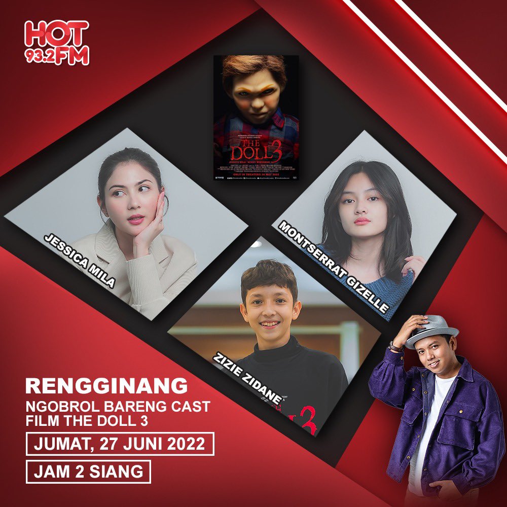 Hitmaker Studios (@hitmakestudios) on Twitter photo Jangan lupa siang ini akan ada obrolan seru seputar Film The Doll 3 bersama <a href="/Jscmila/">Jessica Mila Agnesia</a> Zidane dan Gizelle di <a href="/hot932fm/">Radio HOT 93.2 FM</a> jam 2 siang nanti.
Stay tuned terus! Jangan lupa ajak orang terdekatmu buat ketemu sama Bobby di bioskop hari ini ya ๐
#TheDoll3 #FilmTheDoll3 #BobbydiBioskop Jangan lupa siang ini akan ada obrolan seru seputar Film The Doll 3 bersama <a href="/Jscmila/">Jessica Mila Agnesia</a> Zidane dan Gizelle di <a href="/hot932fm/">Radio HOT 93.2 FM</a> jam 2 siang nanti.
Stay tuned terus! Jangan lupa ajak orang terdekatmu buat ketemu sama Bobby di bioskop hari ini ya ๐
#TheDoll3 #FilmTheDoll3 #BobbydiBioskop