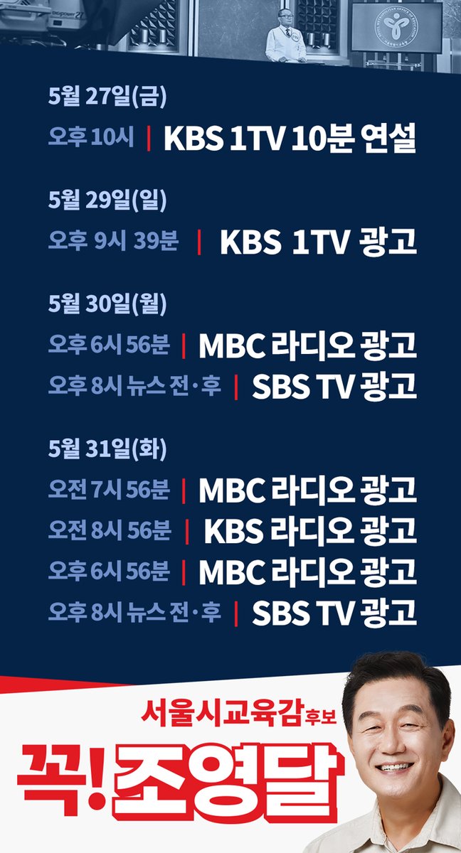 seoulydcho's tweet image. 🔥 조영달 1분 연설 / TV광고 / 라디오광고 편성표 🔥
5월 31일까지 지상파 3사에서 송출됩니다. 많은 관심 부탁드립니다. 6월 1일 교육감선거 꼭! 조영달
#조영달 #서울시교육감후보 #교육감공약 #2022서울교육감후보 #영달이가달린다 #영달이의꿈 #교육교체 #교육전문가