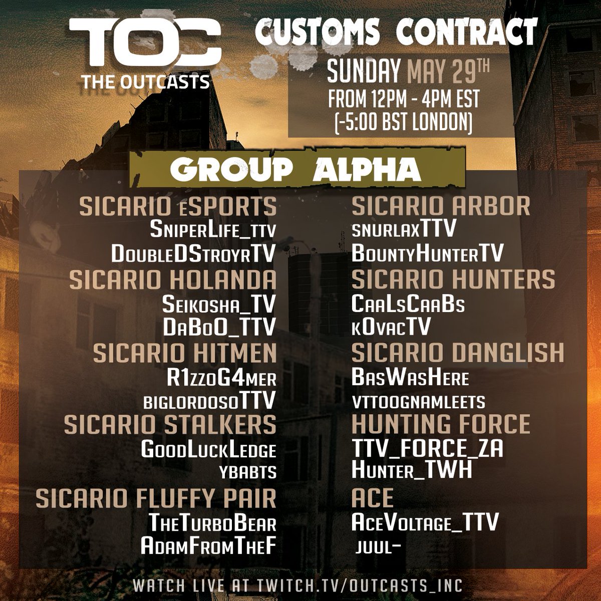 TOC_GG's tweet photo. Meet our Group Alpha contestants!!
 @bstategames #EscapefromTarkov https://t.co/2tfqG01zOC