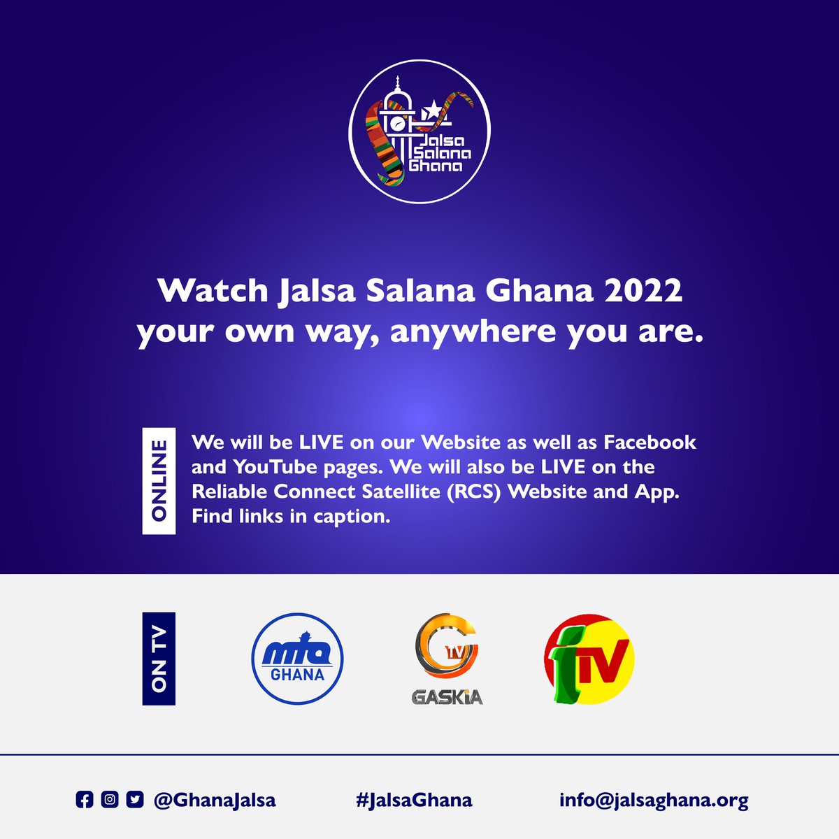 Join us LIVE online: Web: jalsaghana.org/live Facebook: facebook.com/GhanaJalsa/ YouTube: youtu.be/--9rFHh3vJI RCS Web: rcsott.com (sign up to watch) RCS App: play.google.com/store/apps/det… (Download and sign up to watch) #JalsaGhana #JalsaConnect #JalsaSalana