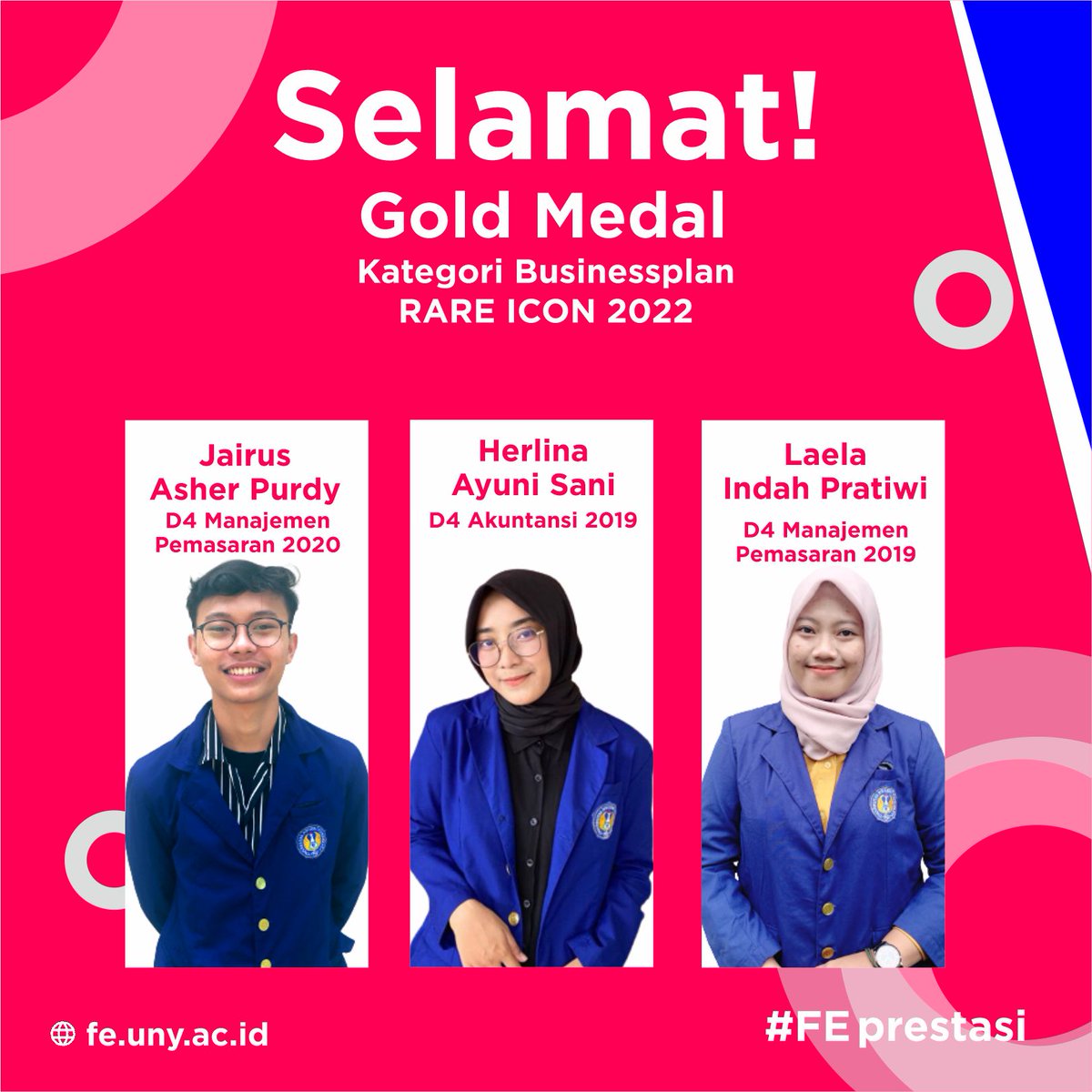 febunyofficial's tweet photo. Tim dari FE UNY yang diketuai Herlina Ayuni Sani (mahasiswa program studi D4 Akuntansi 2019) dan beranggotakan Jairus Asher Purdy (D4 Manajemen Pemasaran 2020) dan Laela Indah Pratiwi meraih Gold Medal kategori Businessplan dalam RARE ICON 2022.
#FEprestasi #FEbright #FEUNY https://t.co/mElHufIB75