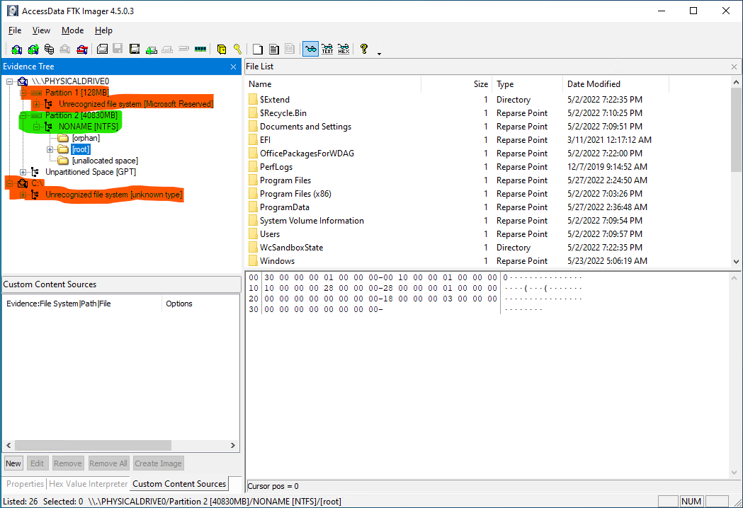 binaryz0ne's tweet image. If you want to gain access to the file system of a Windows Sandbox, then make sure you attach the whole drive and not the C:\ volume. Check the screenshot for what is seen at volume level vs physical level. #DFIR #WindowsSandbox