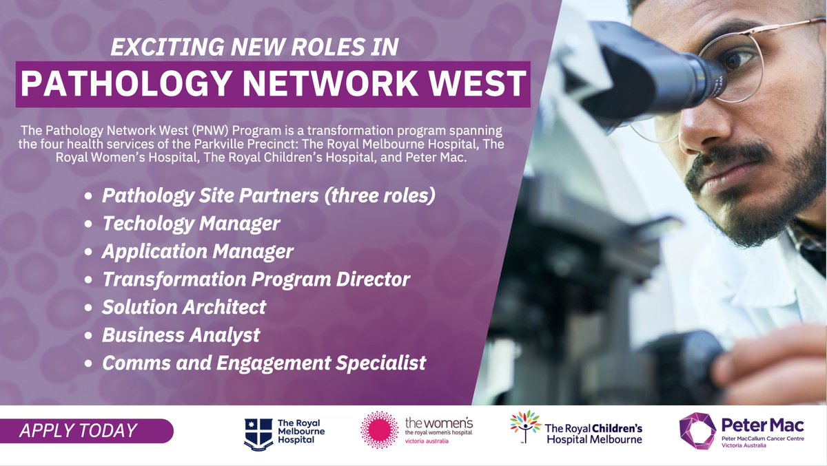 A number of new roles are available at Pathology Network West - a transformation project spanning the four health service in the Parkville biomedical precinct.
Find out more and apply: linkedin.com/feed/update/ur… 

#pathologyjobs #pathologylab #pathology