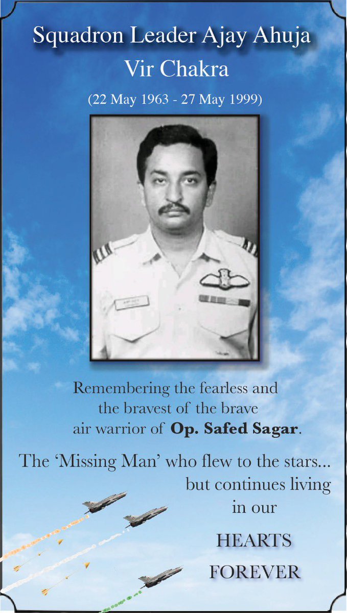 KushalSrivastav's tweet photo. Squadron Leader Ajay Ahuja Sir,
his bravery and sacrifice during Operation Safed Sagar will be etched in our minds forever. On his death anniversary we bow down and pay sincere homage to him. #goldenarrows #operationsafedsagar @IAF_MCC @ALKAAHUJA12 https://t.co/SzOsvj2Ufo