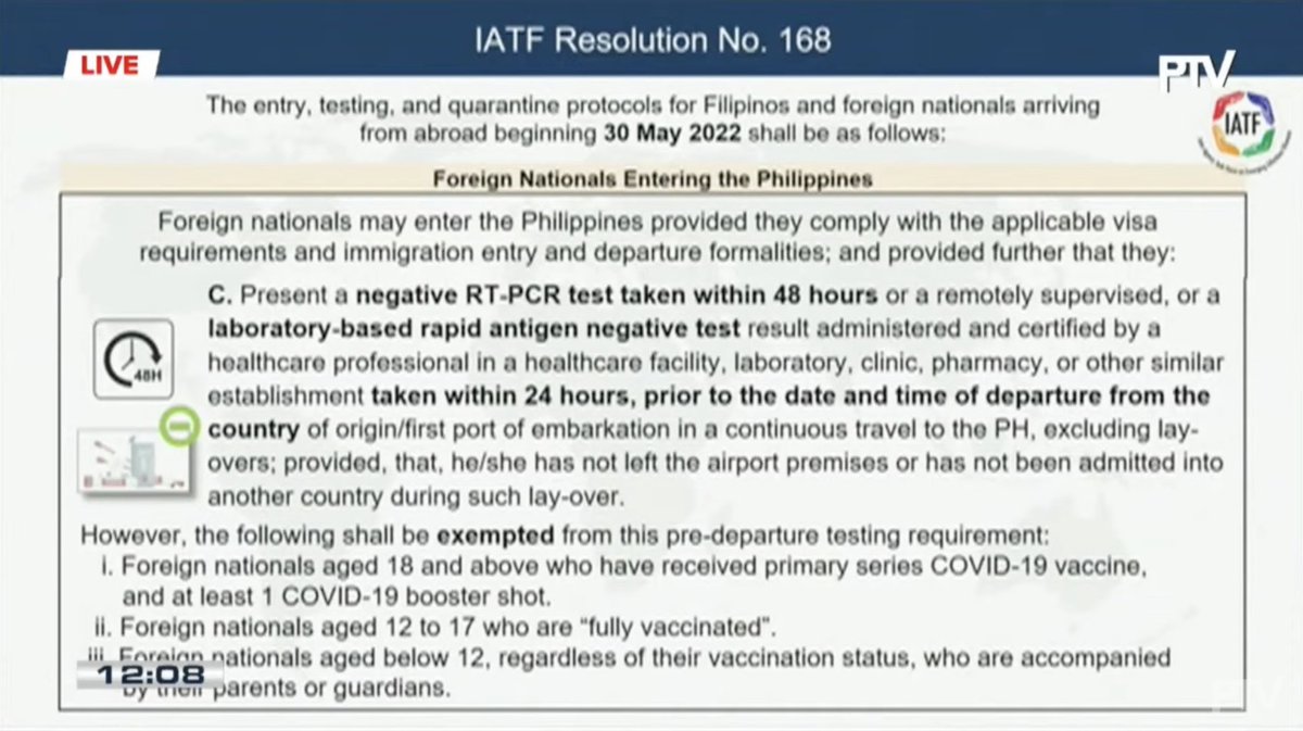 PTVph's tweet photo. LOOK: IATF approved the entry, testing, and quarantine protocols for Filipinos and foreign nationals arriving from abroad starting on Monday, May 30. https://t.co/JXuGgbxndT