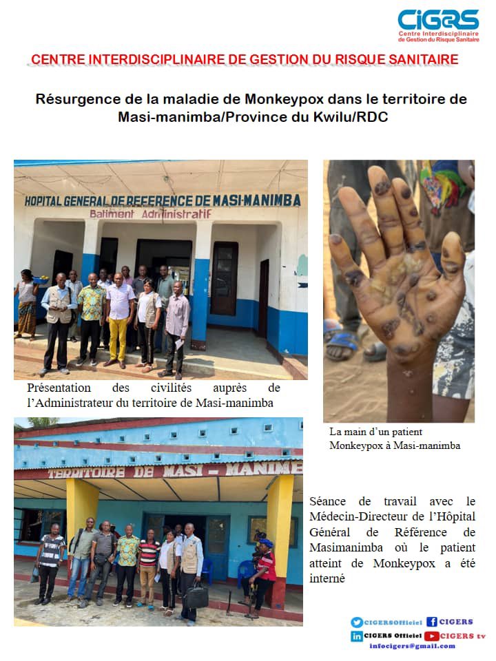 CIGERSOfficiel's tweet photo. 🇫🇷 Mission d’investigation de la maladie de Monkeypox dans le territoire de Masi-manimba/Province de Kwilu en RDC par l’équipe d’investigation des épidémies de la plate-forme Une Santé/INRB-IMT-LVC.

https://t.co/R0wi0wE6rP
☝️Lien de notre compte Facebook/Facebook Link https://t.co/0TrsUa0Z2z