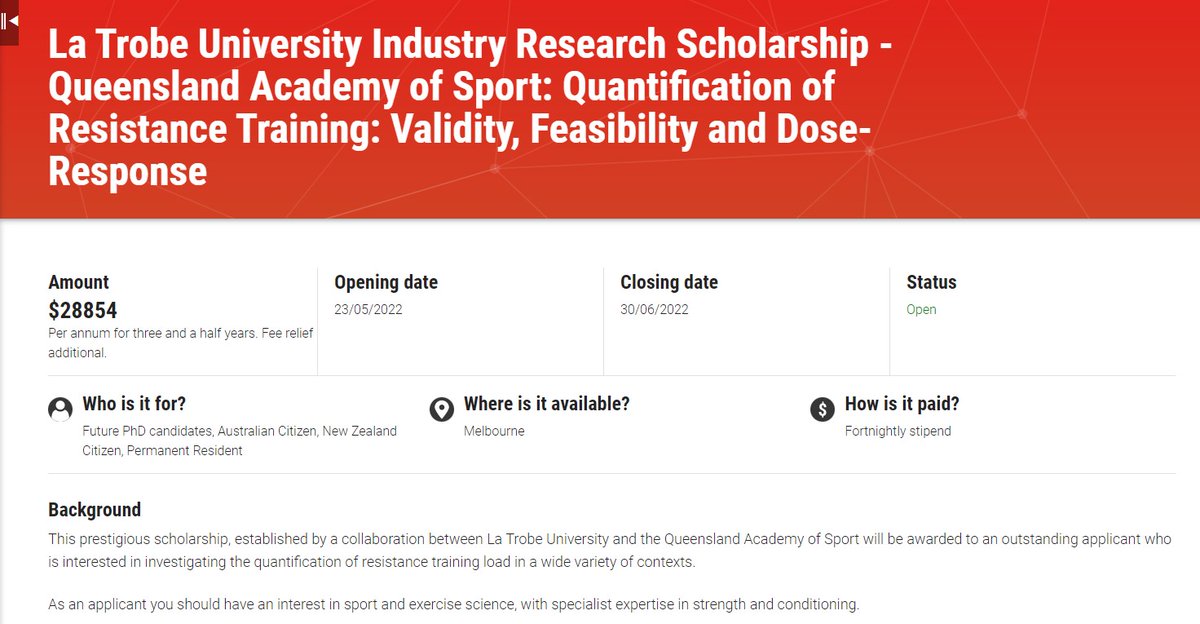 Lachlan James, PhD (@doclachjames) on Twitter photo 🚨 Scholarship Alert!🚨
🏆Embedded at the prestigious <a href="/QldAcademySport/">Queensland Academy of Sport</a>
🏋️♀️Quantify & dose-response strength training
🥇Work with current and future world champions
👩🎓~30k/pa stipend
Teaming with <a href="/DaveWattsau/">David Watts</a> & the QAS, <a href="/PaulGastin/">Paul Gastin</a>, myself <a href="/latrobe/">La Trobe University</a>
➡️bit.ly/3PHK43w 🚨 Scholarship Alert!🚨
🏆Embedded at the prestigious <a href="/QldAcademySport/">Queensland Academy of Sport</a>
🏋️♀️Quantify & dose-response strength training
🥇Work with current and future world champions
👩🎓~30k/pa stipend
Teaming with <a href="/DaveWattsau/">David Watts</a> & the QAS, <a href="/PaulGastin/">Paul Gastin</a>, myself <a href="/latrobe/">La Trobe University</a>
➡️bit.ly/3PHK43w