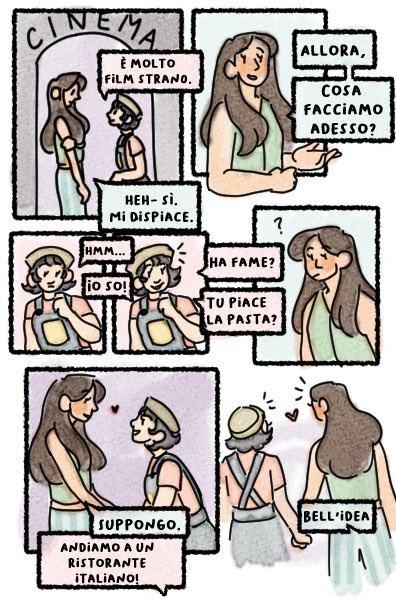 mo_mo_txt's tweet photo. i chose to study for my italian final by making a little comic of some gals going on a date (1/2) https://t.co/Db6HodvK9c