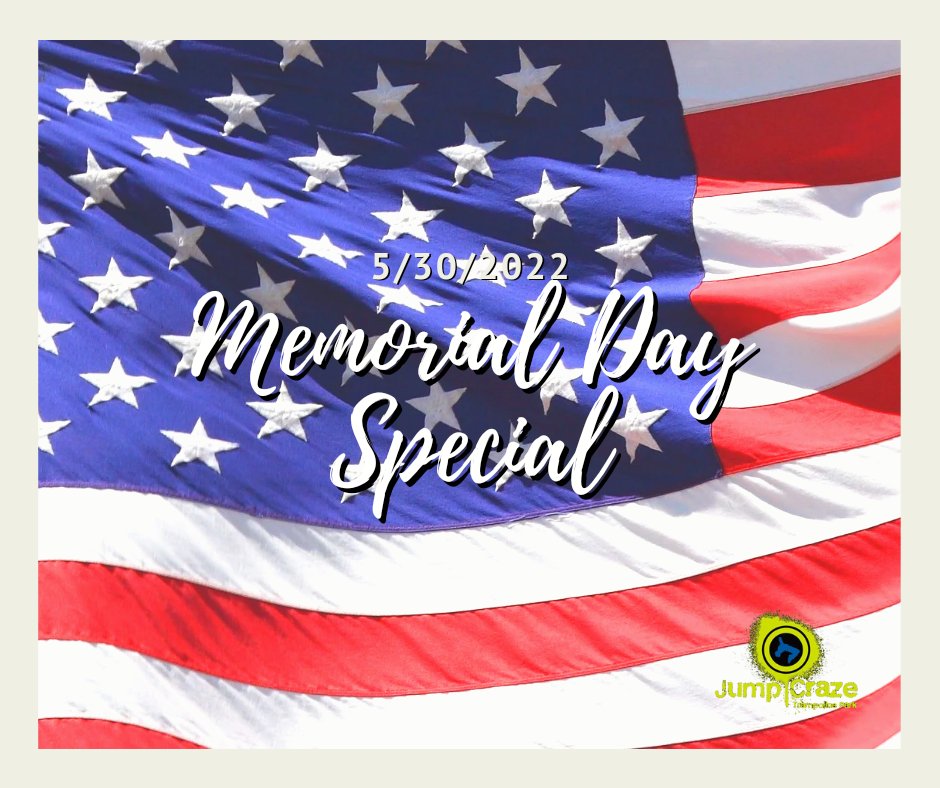 Jump_CrazeWY's tweet photo. This Memorial Day, Veterans jump free with a military ID! And immediate family members get $2 off admission!*

*Everyone is required to have jump socks which are $3/pair and not included in this deal.

#MemorialDay #MemorialDayWeekend #deals #military #militaryfamily #jumpcraze https://t.co/pzWkISxNwG