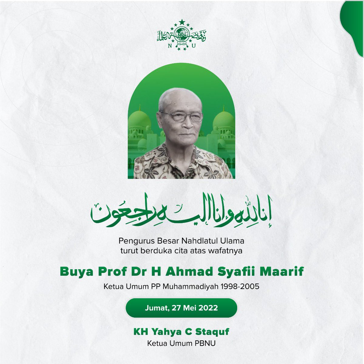 nahdlatululama's tweet photo. Innalillahi wainna ilaihi rojiuun...
Indonesia kembali kehilangan sesepuh bangsa.😭 https://t.co/d8Q9f3VZSp